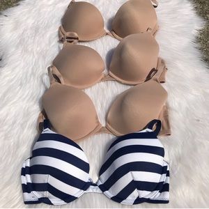 4 Bra Bundle 3 Lined Tan 1 Navy White Stripe 34B